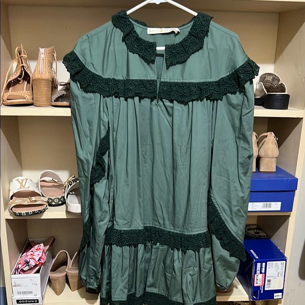 Marie Oliver Green Lace-Trim Long Sleeve Dress